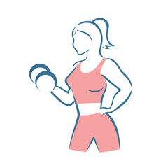 Silhouette of athletic woman with dumbbells. Active girl doing fitness symbol, sport concept