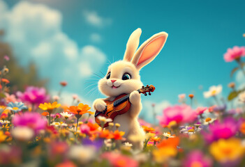Adorable Bunny Musician in a Vibrant Spring Meadow