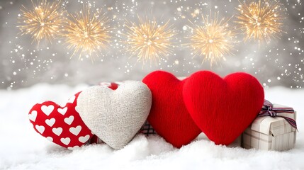 Fototapeta premium Romantic Valentine s Hearts Snow Fireworks Gift