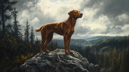 A portrait of Ranger, a rugged and brave hunting dog, standing atop a rocky outcrop overlooking a dense forest. The dogs powerful stance and watchful eyes capture its confidence and readiness for adve