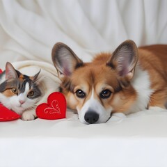 Obraz premium couple of furry friends corgi dog and calico cat lie next to red heart on valentine's day, couple friends corgi dog and calico cat lie next to red heart on valentine's day.