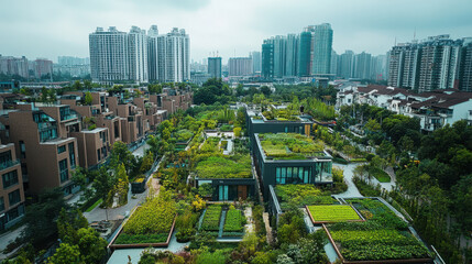 Obraz premium panoramic view of city featuring green rooftops and urban gardens