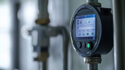 close up of smart water meter displaying usage data and metrics
