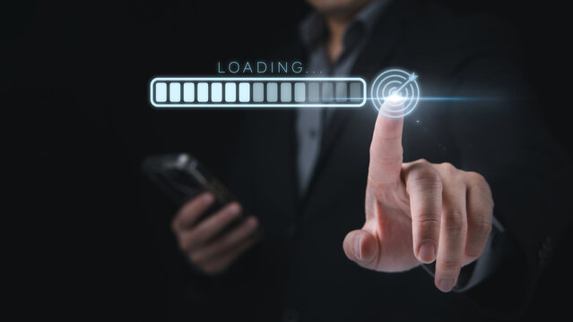 Businessman hand point his finger at virtual screen with arrow and progress loading bar in concept of target goal achievement progress.