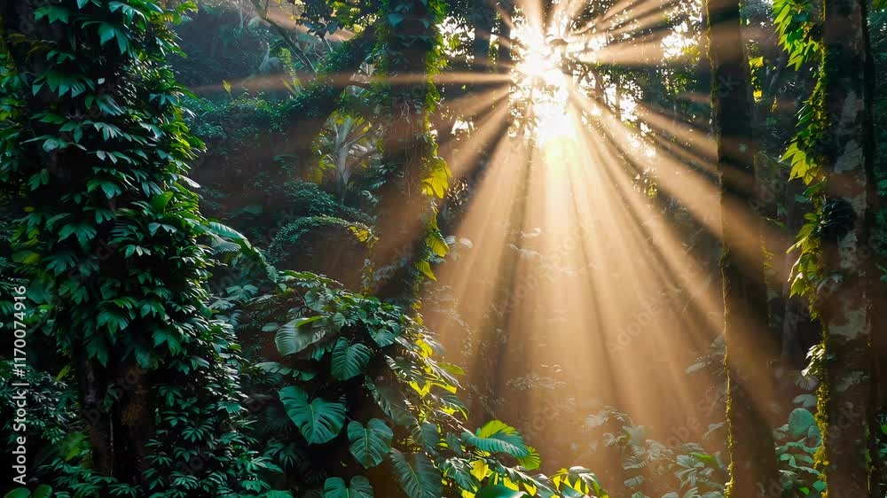 Poster sunlight streaming through lush tropical rainforest with dense foliage and vibrant greenery. nature 
