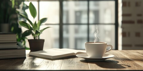 Cozy Morning with Coffee, Book, and Indoor Plant near Window