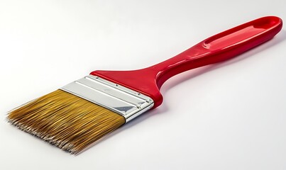 A red-handled paintbrush with soft bristles for painting surfaces.