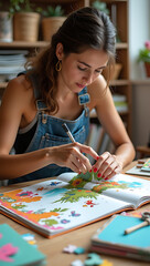 Fototapeta premium “A Professional Paper Engineer Creating Interactive Pop-Up Books” – A skilled artisan assembling intricate pop-up designs for a children’s book, surrounded by colorful paper and crafting tools in a wo