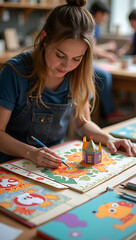 Fototapeta premium “A Professional Paper Engineer Creating Interactive Pop-Up Books” – A skilled artisan assembling intricate pop-up designs for a children’s book, surrounded by colorful paper and crafting tools in a wo
