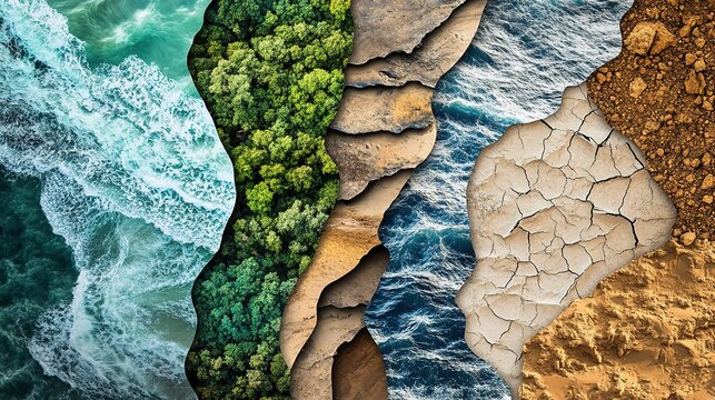 Vertical strips show earth, water, forest, rock, and arid terrain.