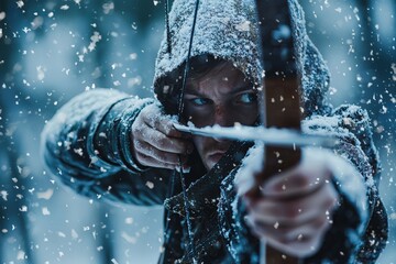 Fototapeta premium an archer hunting with bow and arrow in a snowy landscape