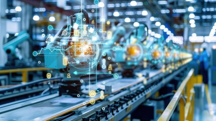A futuristic factory setting with robotic arms and digital overlays for automation.