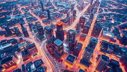 Aerial view of New York City skyline at night view of the city
