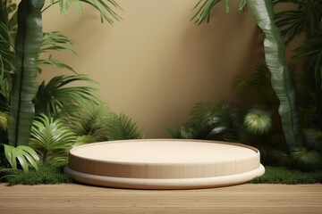 Wood Podium Surrounded by Tropic Plants in a Calm and Serene Environment Ideal for Presentations or Displays