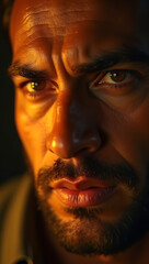 Fototapeta premium “Extreme Closeup of a Face Capturing Intense Focus and Concentration” – Narrowed eyes, slightly furrowed brows, and subtle sweat emphasizing dedication and effort. 