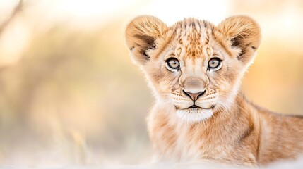 Adorable lion cub portrait, looking directly at the camera, in soft, warm light.