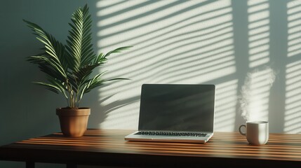Fototapeta premium Minimalist Workstation with Laptop and Coffee Cup in Natural Light