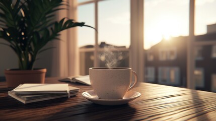 Cozy Morning Coffee Scene with Steam and Beautiful Sunlight