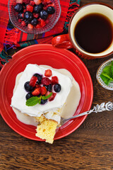 メキシコのスイーツ パステル・デ・トレス・レチェス(3種のミルクのケーキ) コピースペースあり Mexican sweets Pastel de Tres Leches( Mexican Tres Leches Cake,Tres Leches Cake,Three Milk Cake, 3 Milk Cake) with copy space