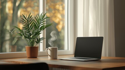 Fototapeta premium Cozy Home Office Setup with Laptop and Coffee by Window