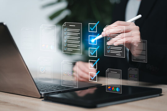 Business performance monitoring checklist documentation control concept,Business Woman company valuation,Take an assessment on a document online,Business performance,Marketing growth up, Questionnaire