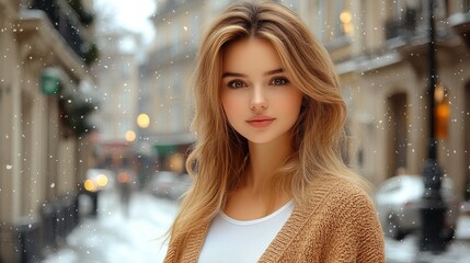Obraz premium Young woman in a snowy street, exuding warmth and beauty.