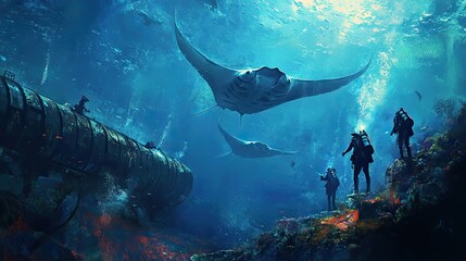 Divers Explore Sunlit Ocean Depths With Manta Rays