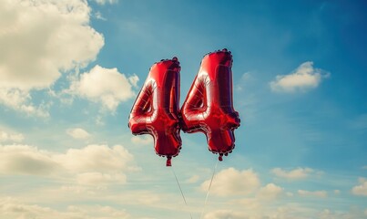 Red 44 balloons float, cloudy sky, celebration