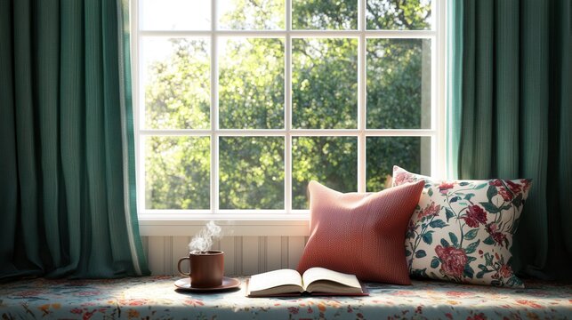 Cozy Reading Nook with Coffee and Soft Pillows by the Window