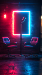 Neon Lights Podcast Studio 3D Render: Vibrant Retro Chairs and Microphone Setup