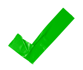 Green adhesive sticky tapes in checkmark sign shape cutout in transparent background. Concept of accept, approve and correct.