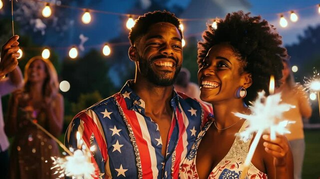 Patriotic Couple Enjoying Fireworks on Independence Day Celebration