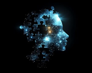 Abstract silhouette of human head, glowing puzzle pieces, digital lights and connections, symbolizing artificial intelligence and digital evolution