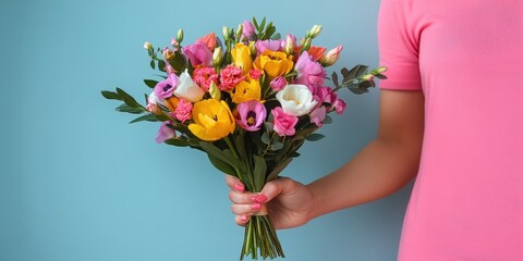 Woman Holding Beautiful Bright Flower Bouquet Against Light Blue Background in Stylish Pink Outfit for Floral, Spring, and Nature Themes