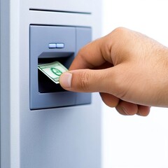 person withdrawing money from an ATM, isolated white background
