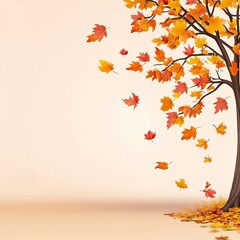 picturesque autumn landscape with falling leaves on the right side of the image, complemented by a gentle pastel background that evokes warmth