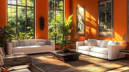 Fototapeta premium A bright and inviting living room with large windows, plants, and comfortable seating.