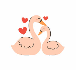 A pair of cute swans in love. Flat vector illustration.