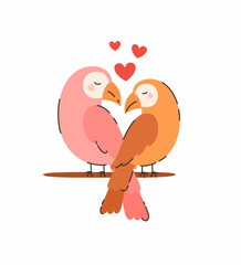 A pair of cute parrots in love. Flat vector illustration.