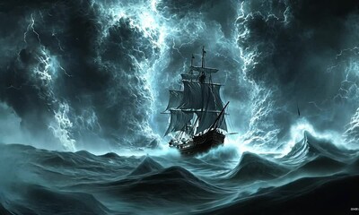 A dramatic ship navigating through turbulent, stormy seas illuminated by flashes of lightning.