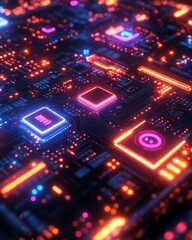 Futuristic circuit board with glowing neon lights, showcasing modern electronic components, closeup vibrant abstract style, hightech design
