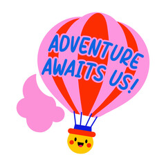 A flat sticker of a hot air balloon with the text 