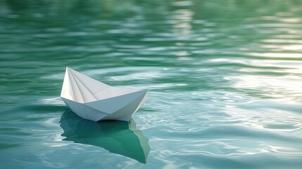 Fototapeta premium A paper boat floating on calm water, symbolizing simplicity and imagination.
