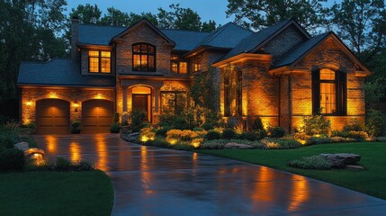 Elegant home illuminated at dusk with landscaped surroundings.