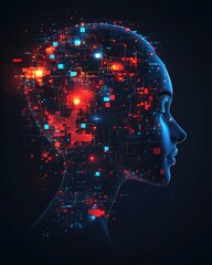 Silhouette of a human head, glowing puzzle pieces and digital lights, AI and digital transformation theme, futuristic abstract design