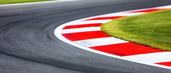 A close-up view of a racetrack corner featuring distinctive red and white curbing, surrounded by green grass.