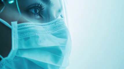 Close up of a healthcare worker wearing a medical disposable mask highlighting personal protective equipment in a clinical environment