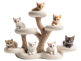 Playful Kittens Climbing a Multi-Level Tree Structure Isolated