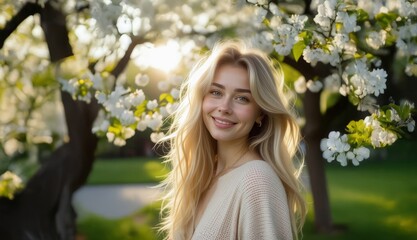 Fototapeta premium Happy woman portrait outdoor. Spring blossom background. Portrait of beautiful smiling woman with flowers. Woman face. Perfect natural skin.