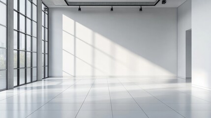 Spacious modern industrial loft interior with minimalist design featuring white walls and bright tiled flooring.